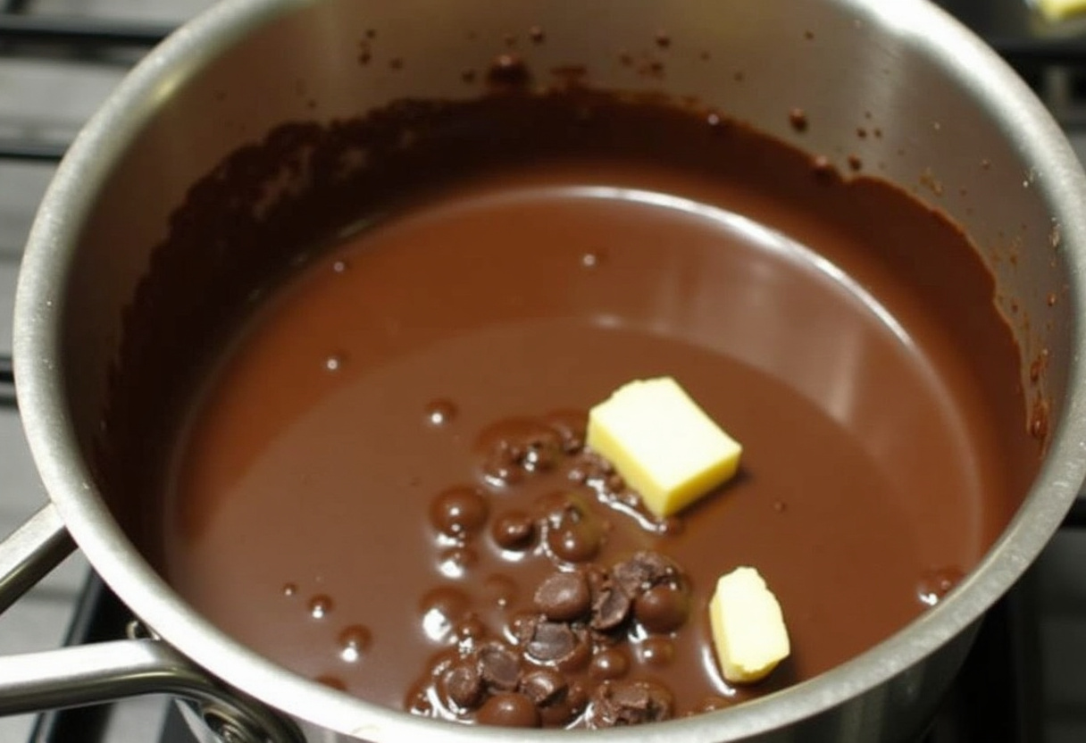 Melted chocolate and butter mixture for coating Moose Farts candy.