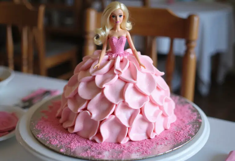 Finished modern Barbie cake with pink frosting and edible glitter.