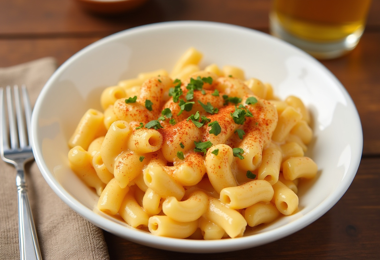Finished Cracker Barrel Macaroni and Cheese with modern spin, garnished and ready to serve.