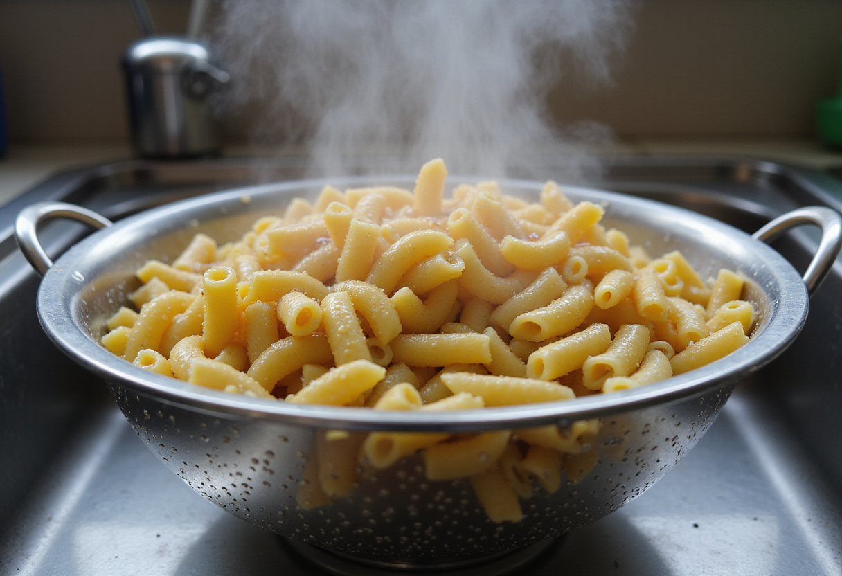 Draining the cooked macaroni for homemade Cracker Barrel Macaroni and Cheese.