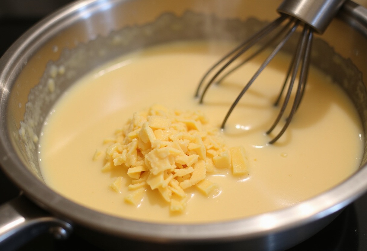Preparing creamy cheese sauce for a Cracker Barrel Macaroni and Cheese recipe.