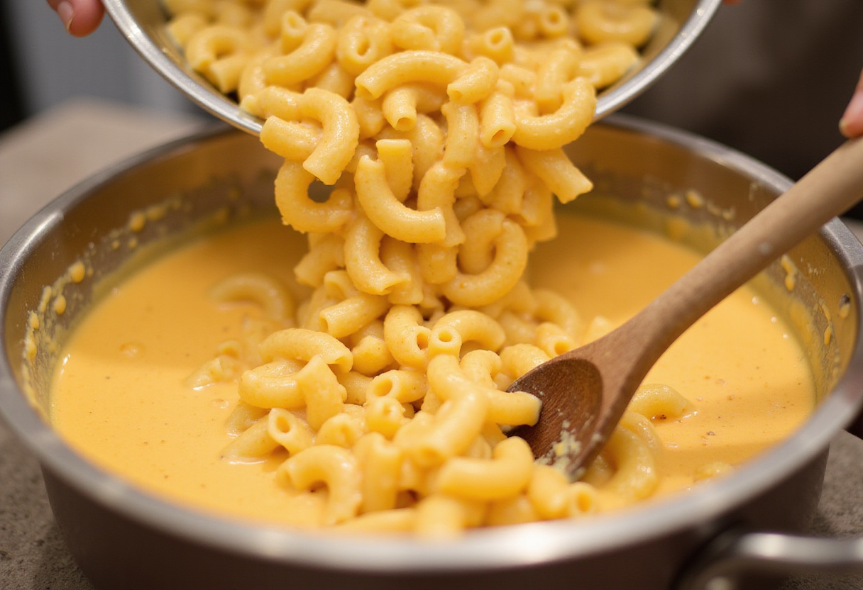 Combining cheese sauce and macaroni for the Cracker Barrel Macaroni recipe.