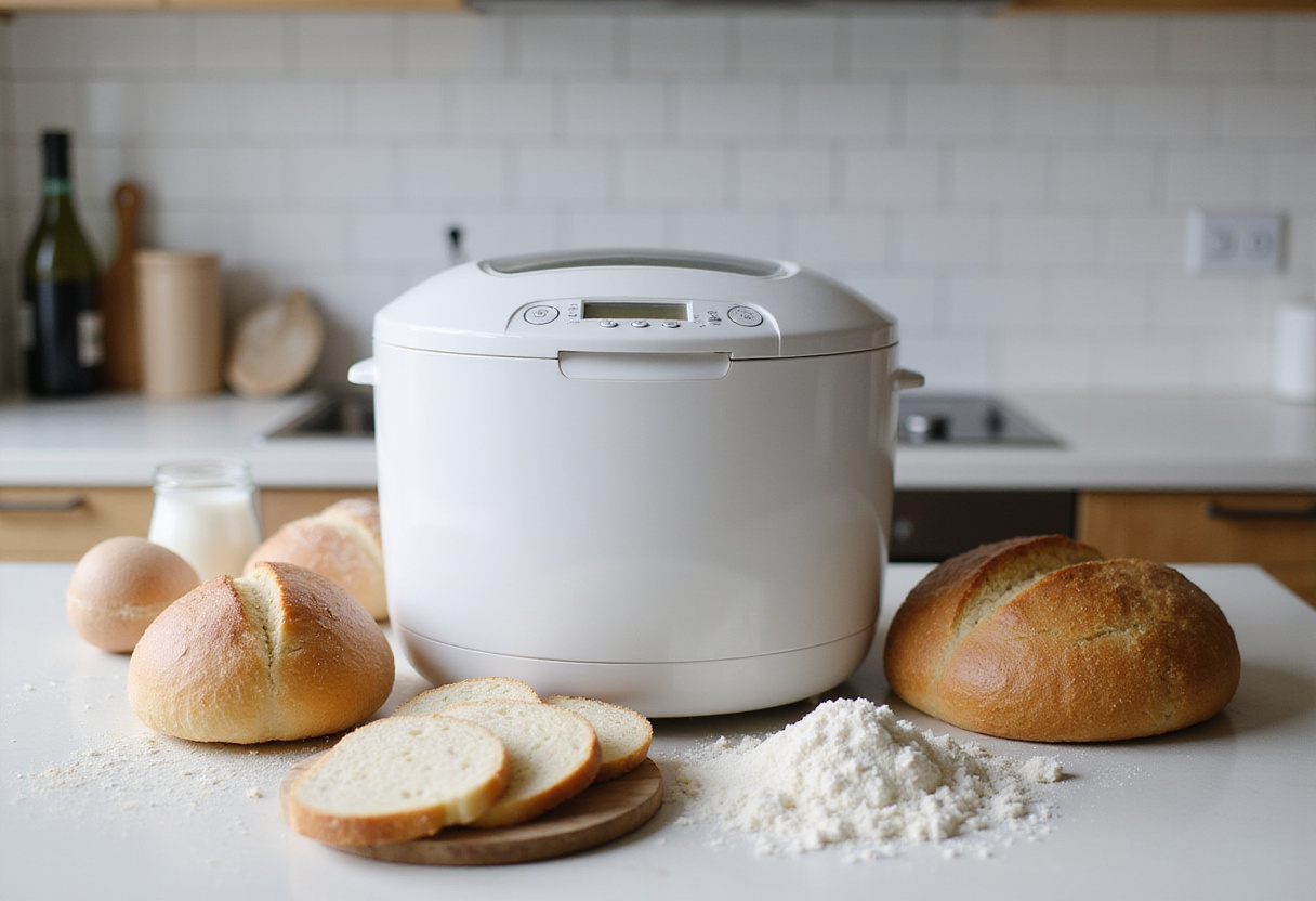 Bread machine with flour and yeast ready to make bread.