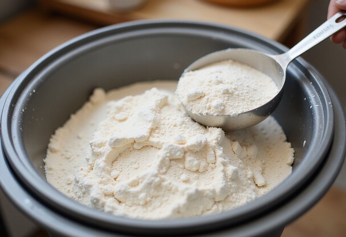 Measuring flour and yeast for bread machine recipe.