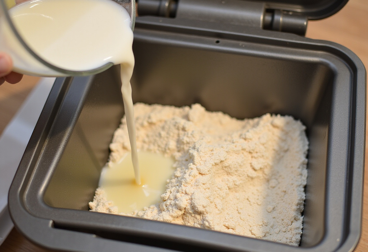 Pouring water and oil into bread machine for bread dough.