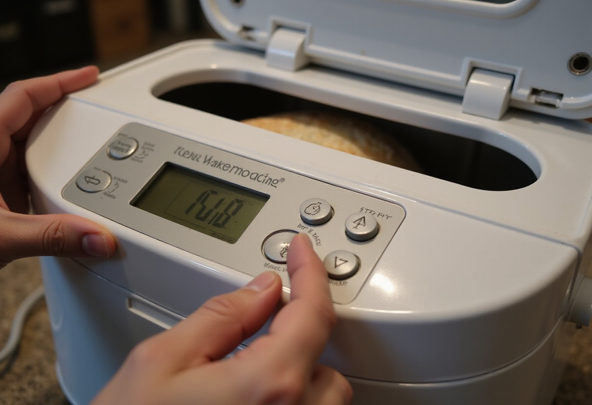 Setting bread machine program to bake bread.
