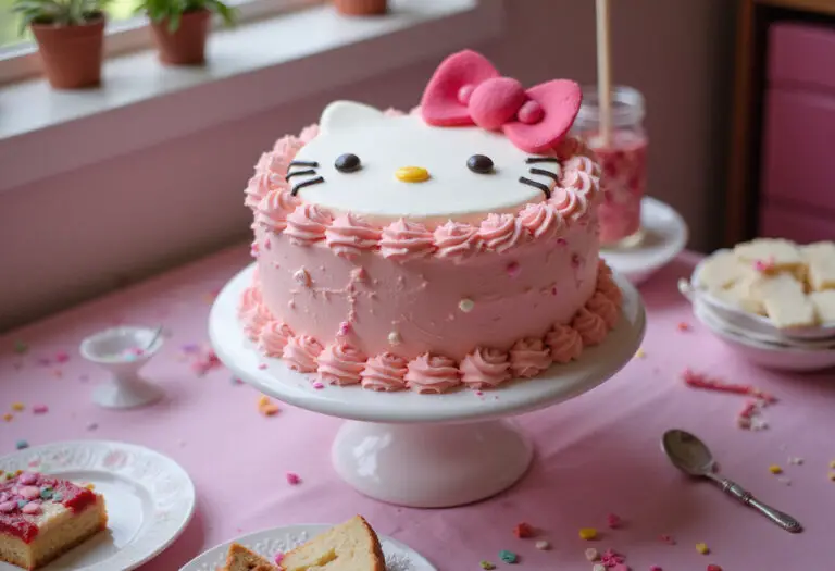 Finished Hello Kitty Cake with pink frosting and decorations, perfect for a Hello Kitty themed party.