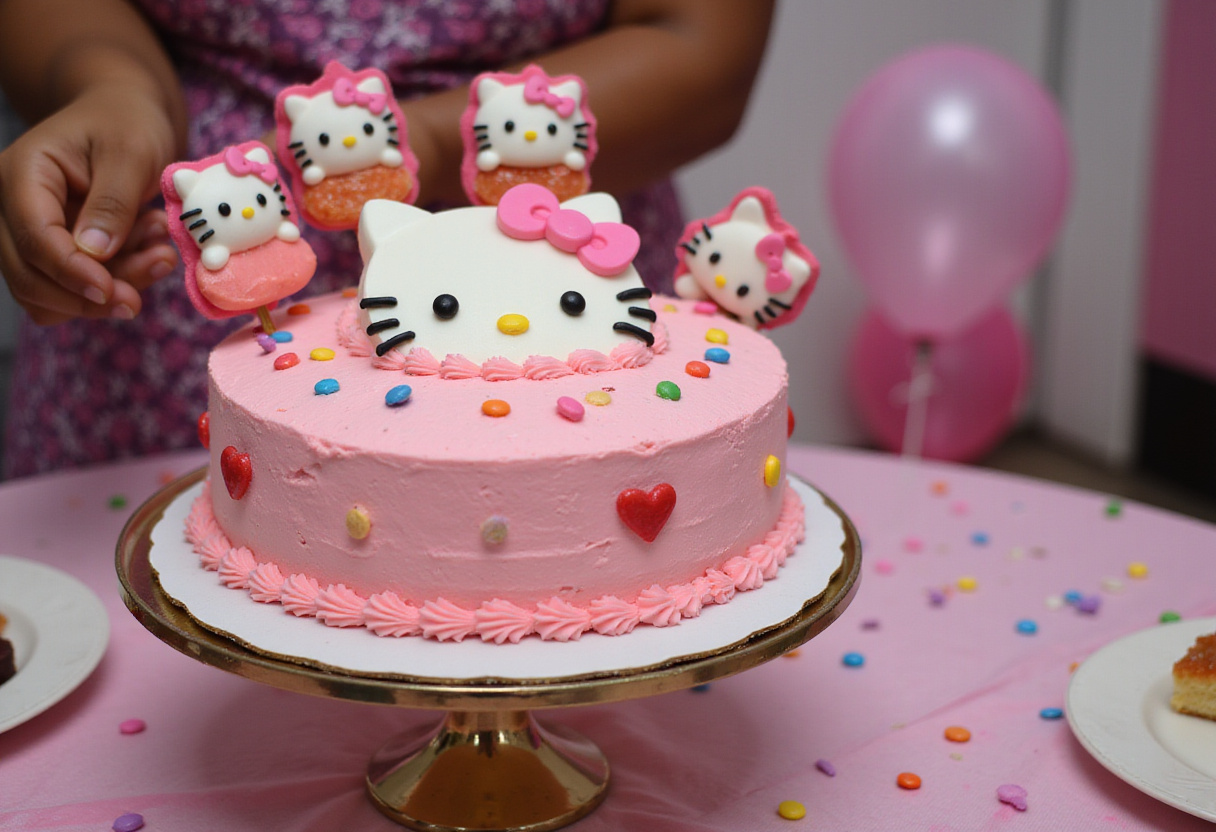 Finished Hello Kitty Cake with pink frosting and decorations, perfect for a Hello Kitty themed party.