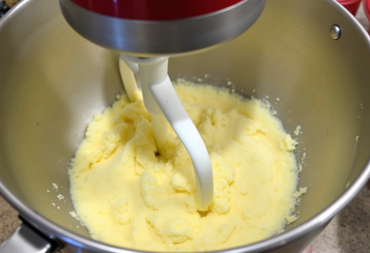 Butter and sugar being creamed together for Hello Kitty Cake recipe.