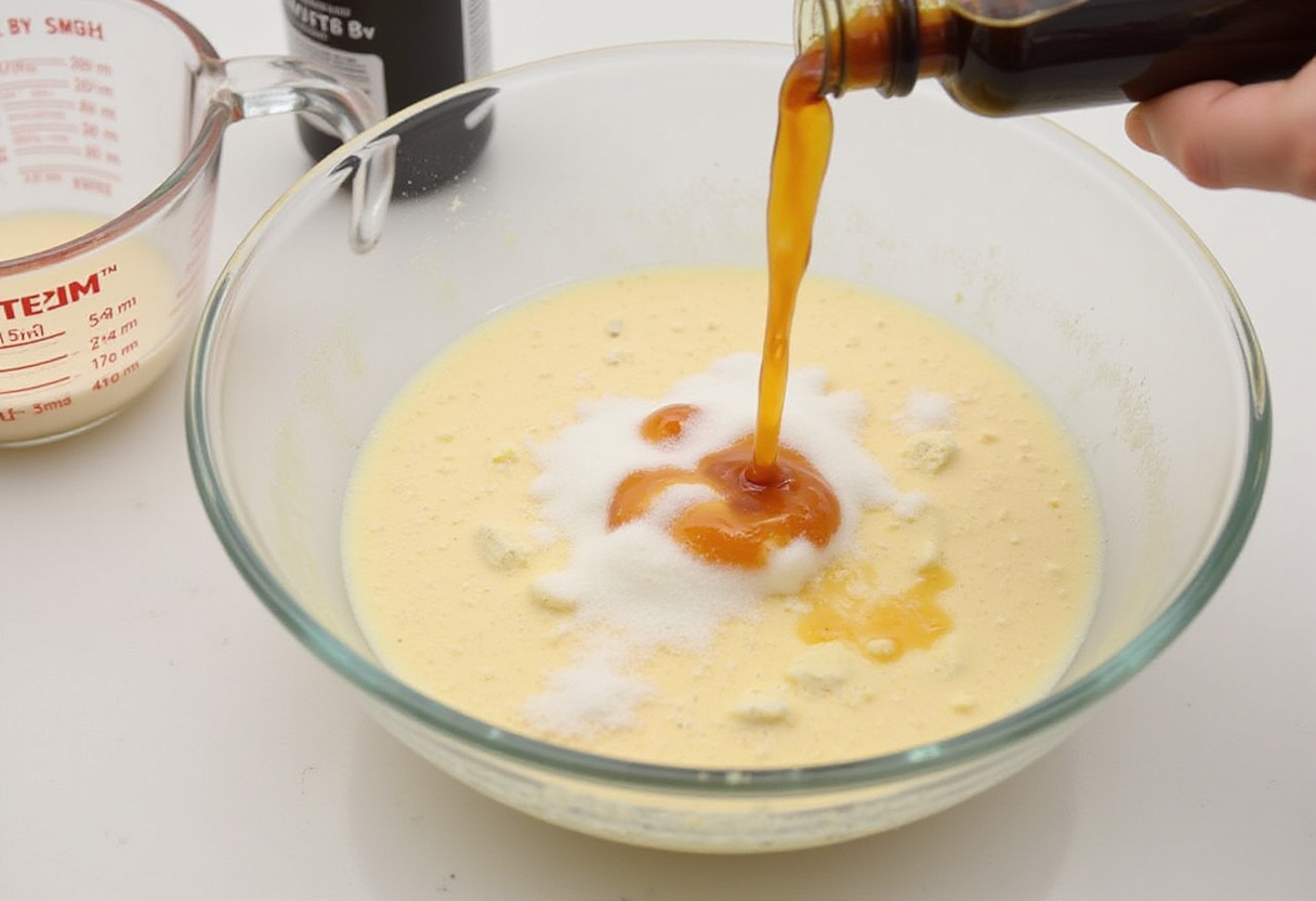 Milk and vanilla extract being added to the cake batter for Hello Kitty Cake.