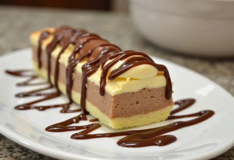 Finished No-Bake Eclair Cake with chocolate syrup, perfect for dessert.