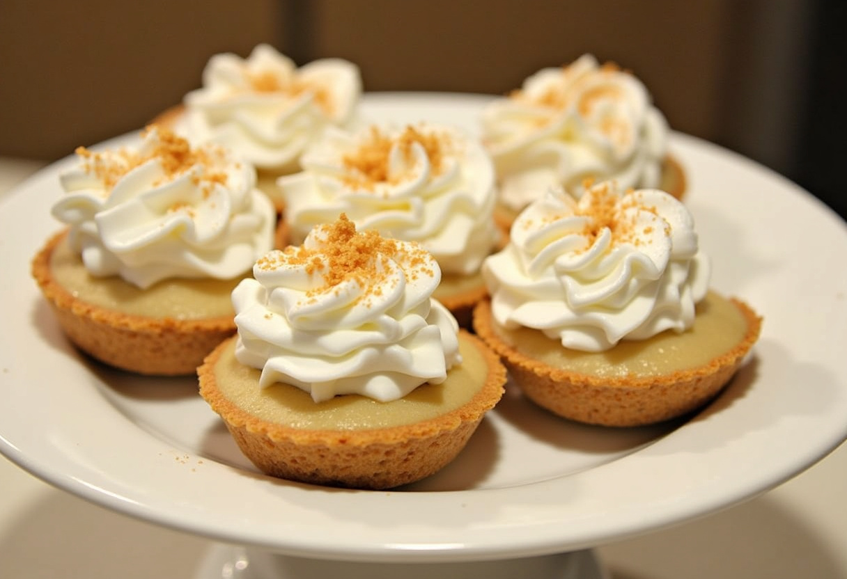 Delicious No-Bake Mini Banana Cream Pies with whipped cream topping, ready to serve.
