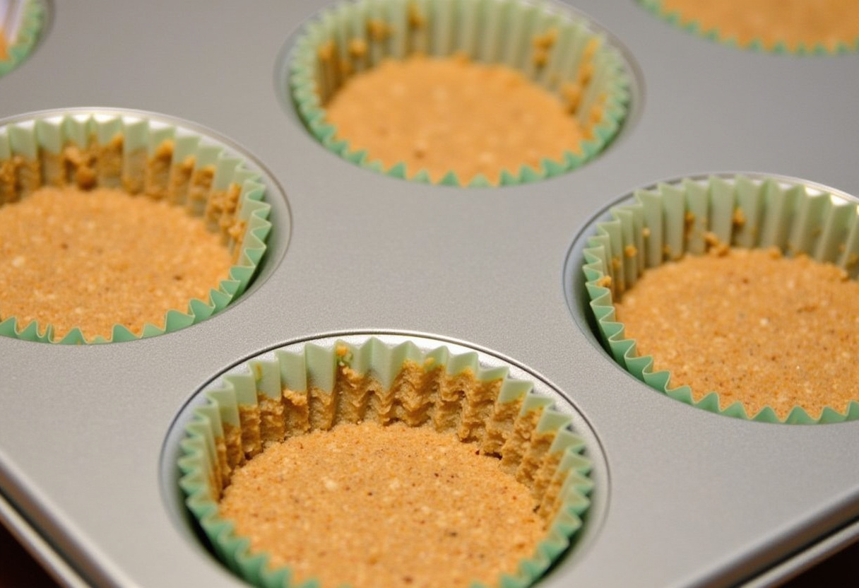 Muffin tin with graham cracker crusts for No-Bake Mini Banana Cream Pies.