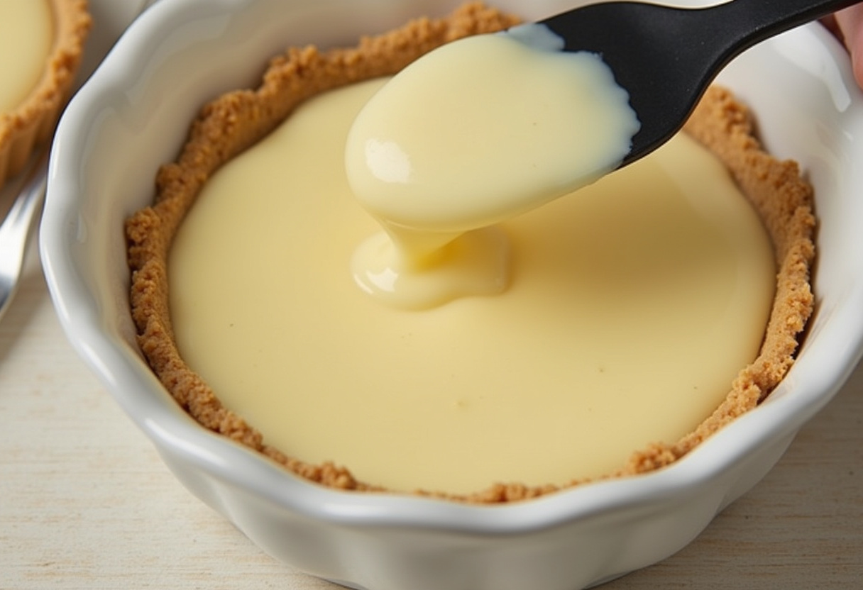 Vanilla pudding being added to mini graham cracker crusts for banana cream pies.
