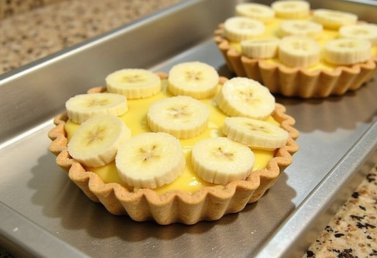 Banana slices placed on vanilla pudding in mini pie crusts.
