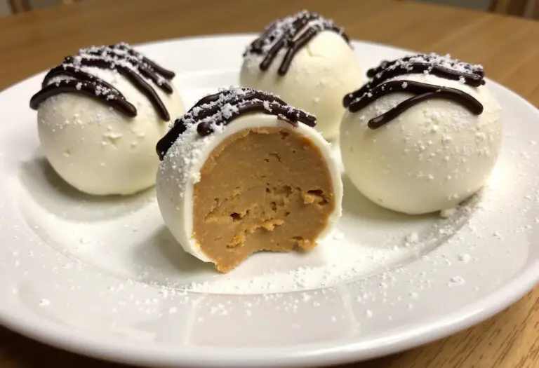 Delicious No-Bake Peanut Butter Cheesecake Balls ready to serve, garnished with chocolate drizzle.
