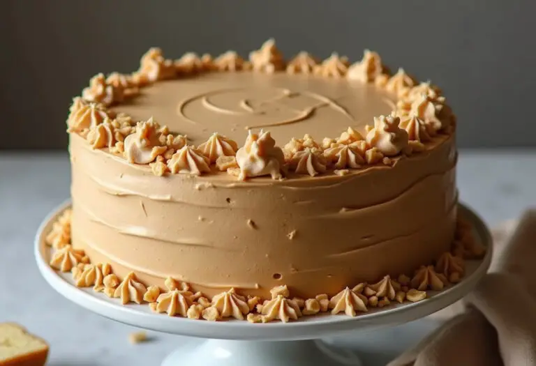 Finished peanut butter cake with peanut butter frosting and peanut garnish.
