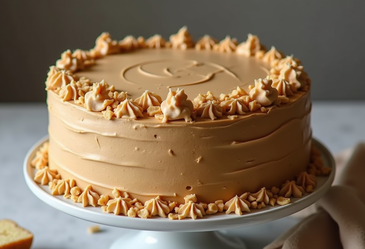 Finished peanut butter cake with peanut butter frosting and peanut garnish.
