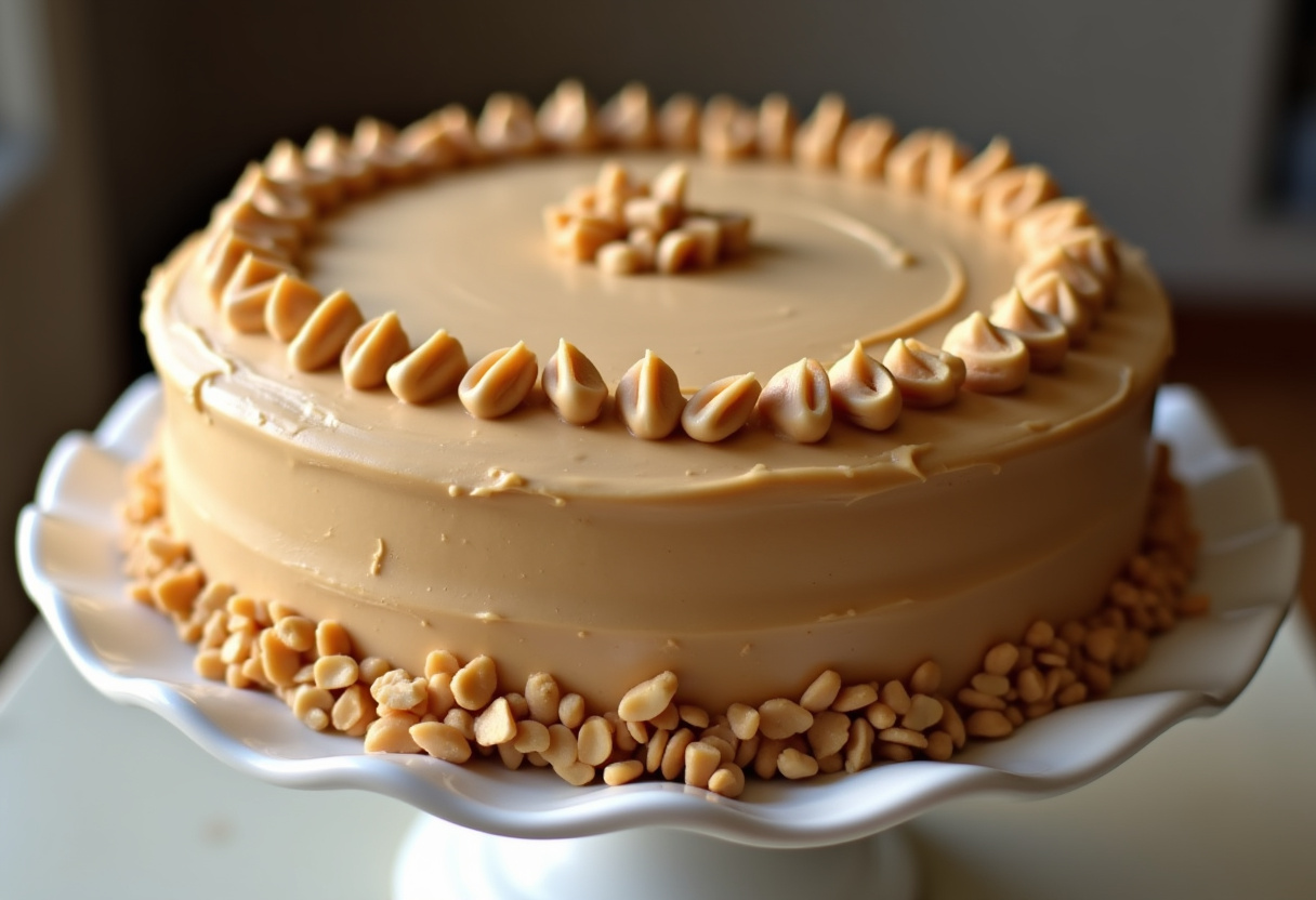 Finished peanut butter cake with peanut butter frosting and peanut garnish.