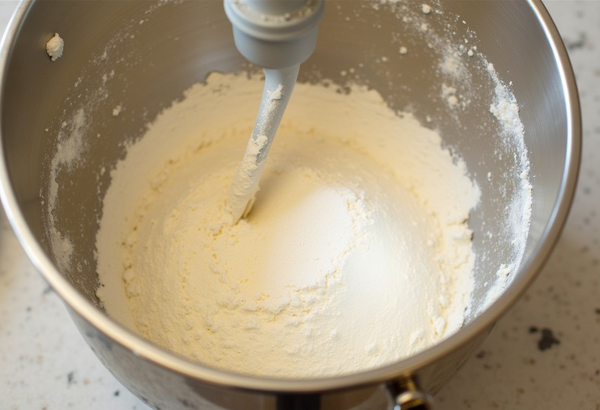 Ingredients for peanut butter cake batter prepared in a mixing bowl.