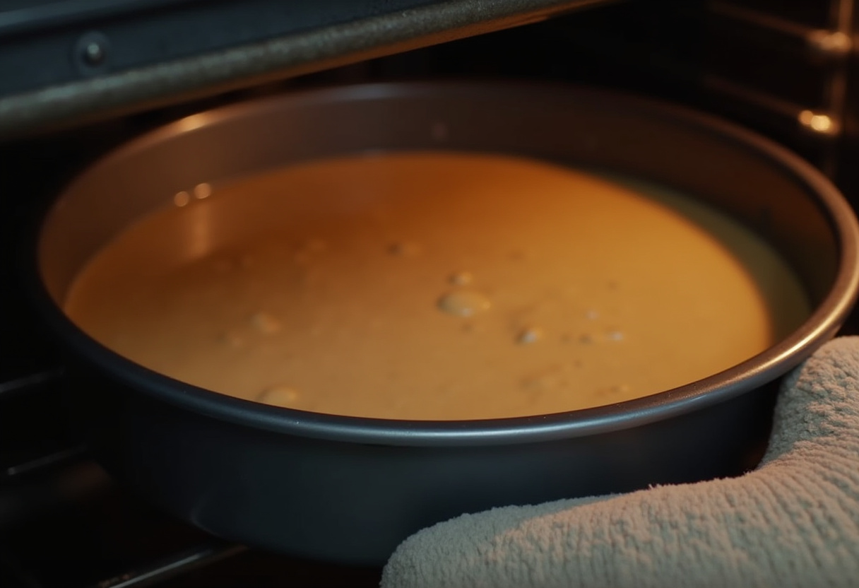 Peanut butter cake batter in a pan ready for baking.