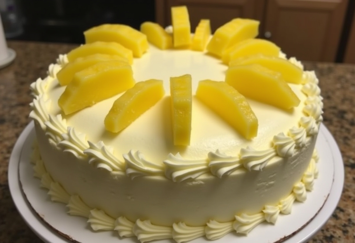 Finished Pineapple Paradise Cake with cream cheese frosting and pineapple garnish.