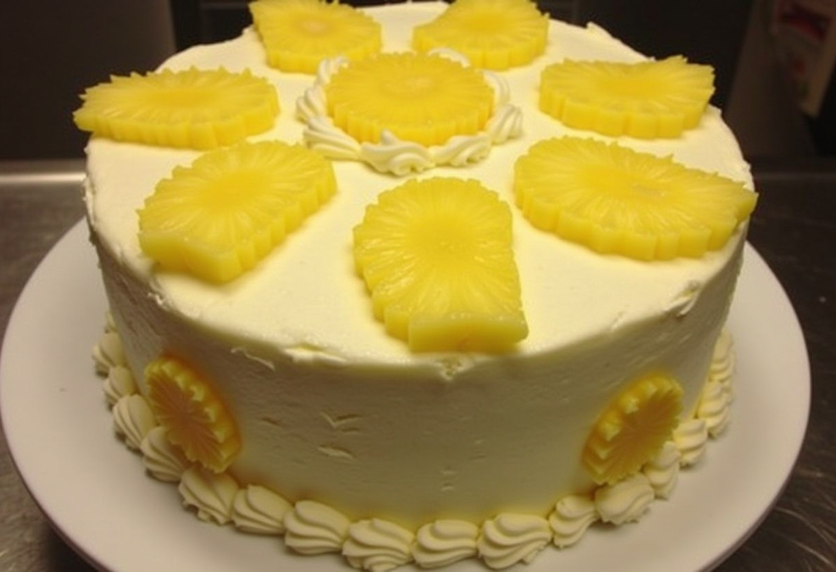 Finished Pineapple Paradise Cake with cream cheese frosting and pineapple garnish on a tropical-themed cake stand.