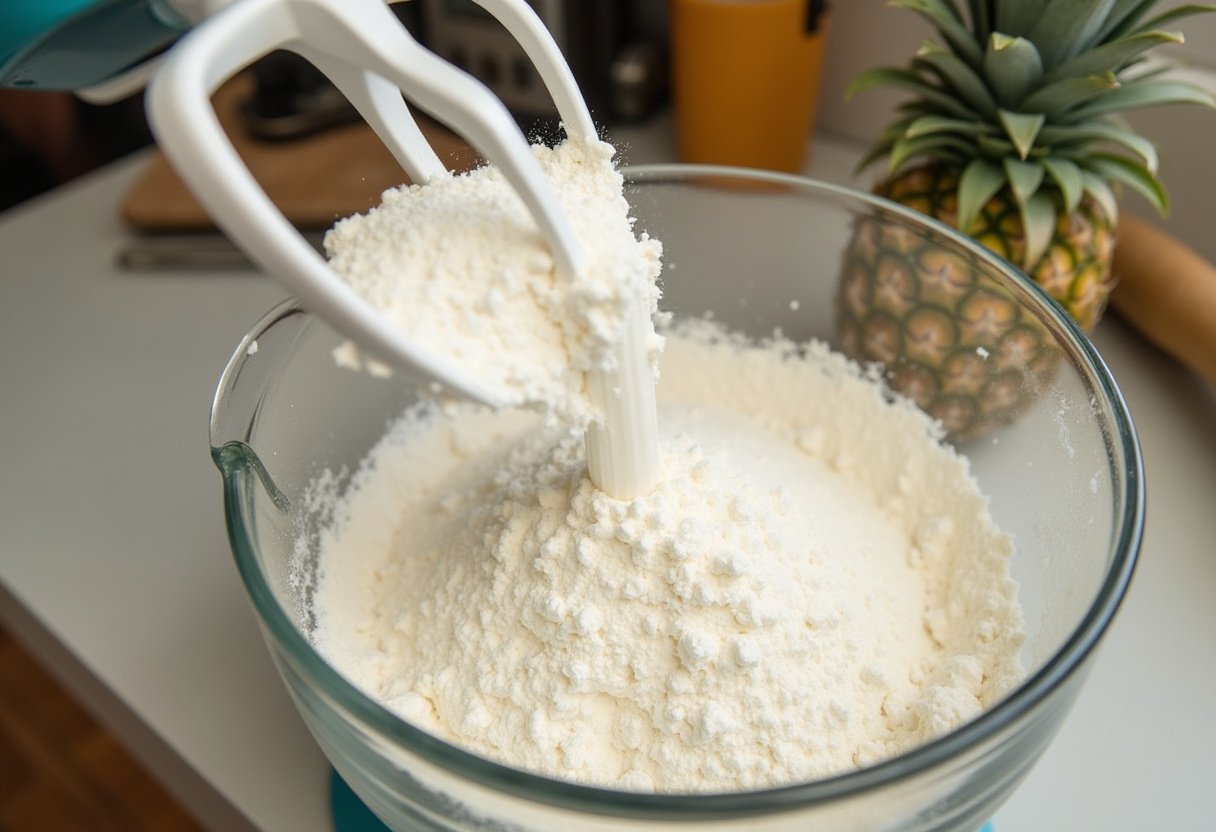 Dry ingredients being sifted through a fine mesh strainer into a large mixing bowl for Pineapple Paradise Cake preparation.