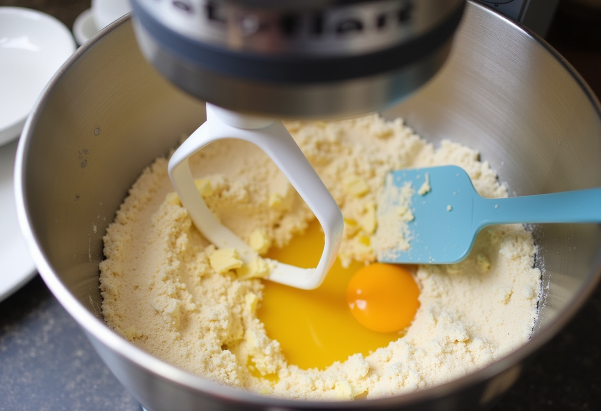 Wet ingredients being gently folded into dry ingredients with a rubber spatula for Pineapple Paradise Cake batter.