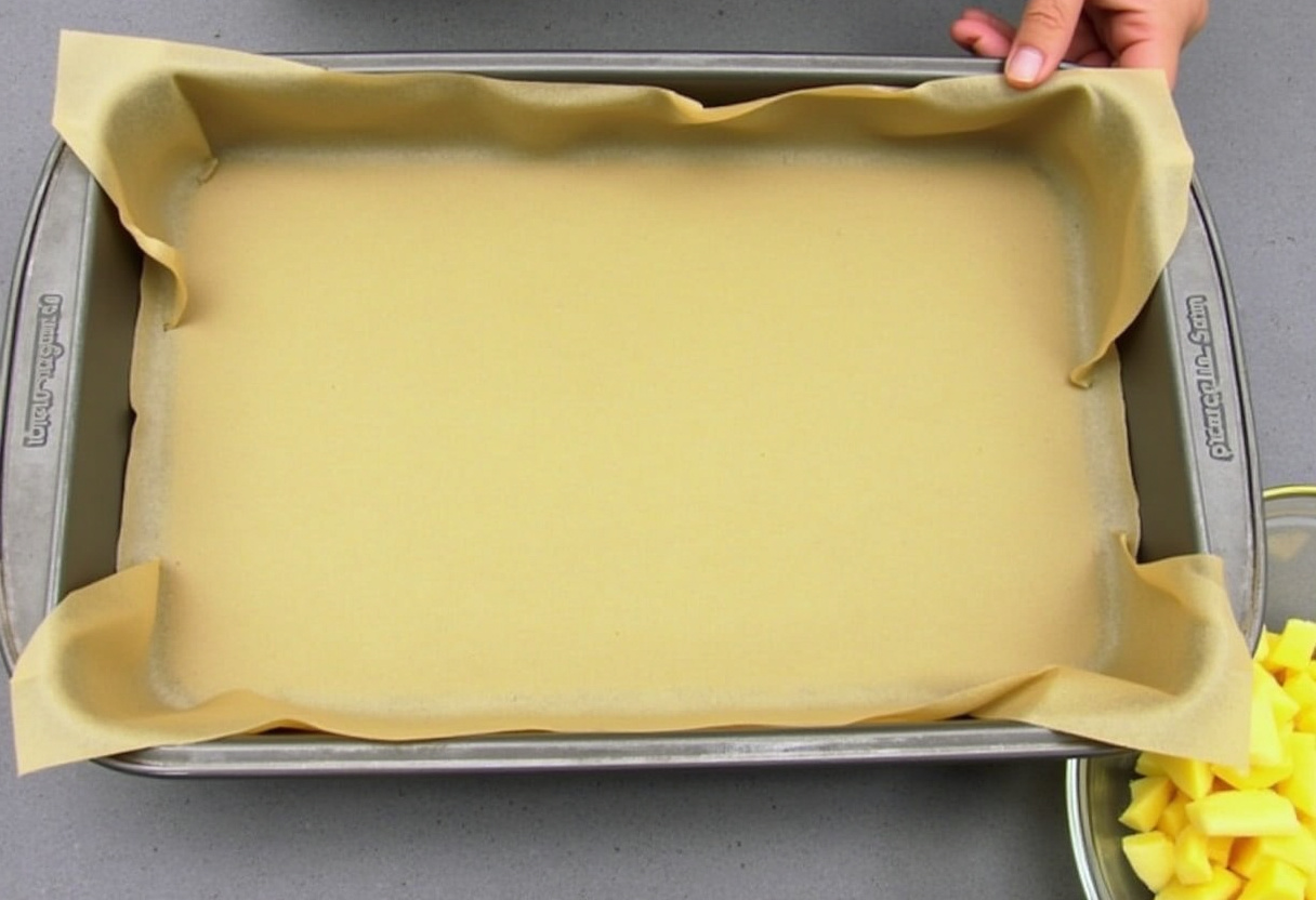 Hands smoothing parchment paper into a greased baking pan for Pineapple Paradise Cake preparation.