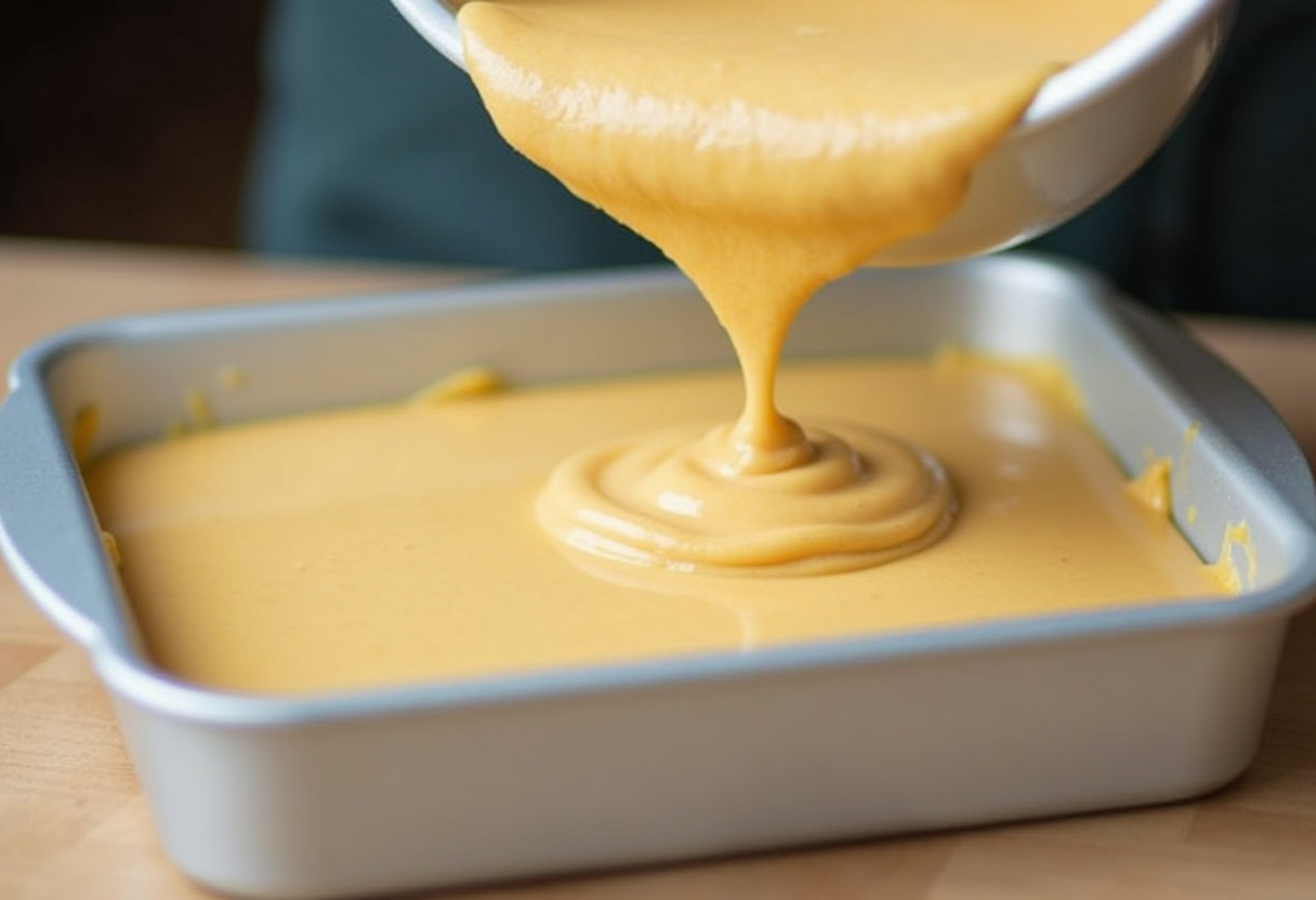 Pineapple Paradise Cake batter being poured into prepared baking pan with wooden spoon.