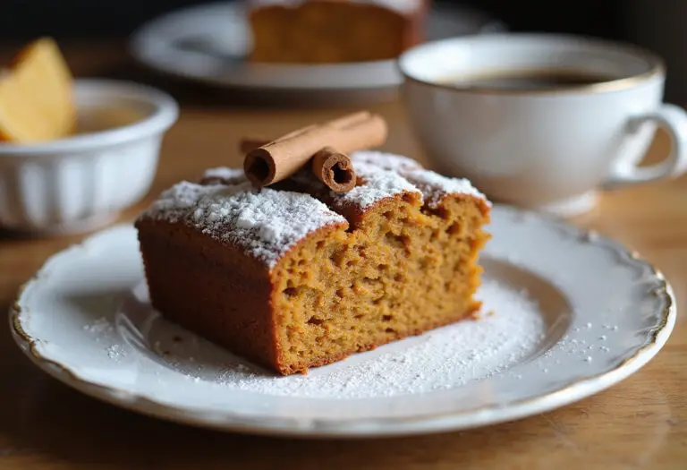 Delicious slice of pumpkin spice loaf cake ready to eat.