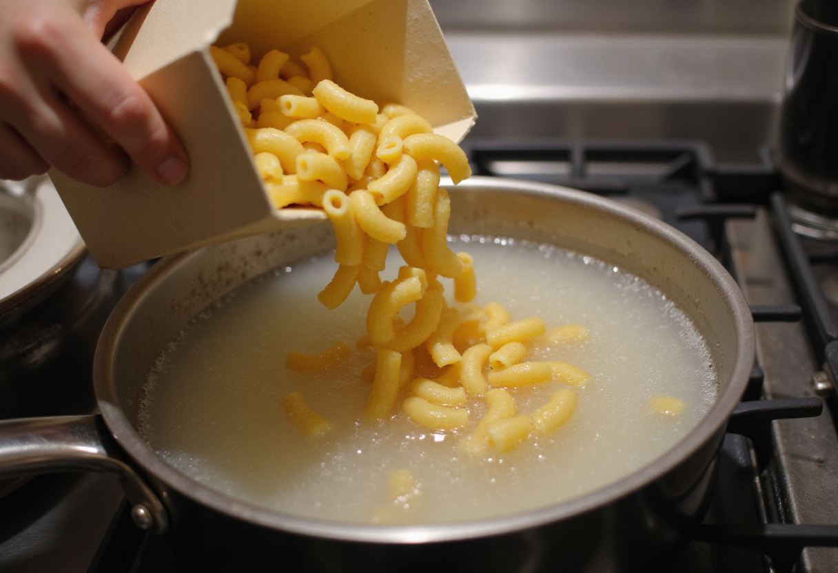 Elbow macaroni being added to boiling water for Cracker Barrel Macaroni and Cheese.