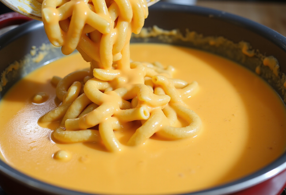 Cheese sauce being stirred with macaroni for Cracker Barrel Macaroni and Cheese.