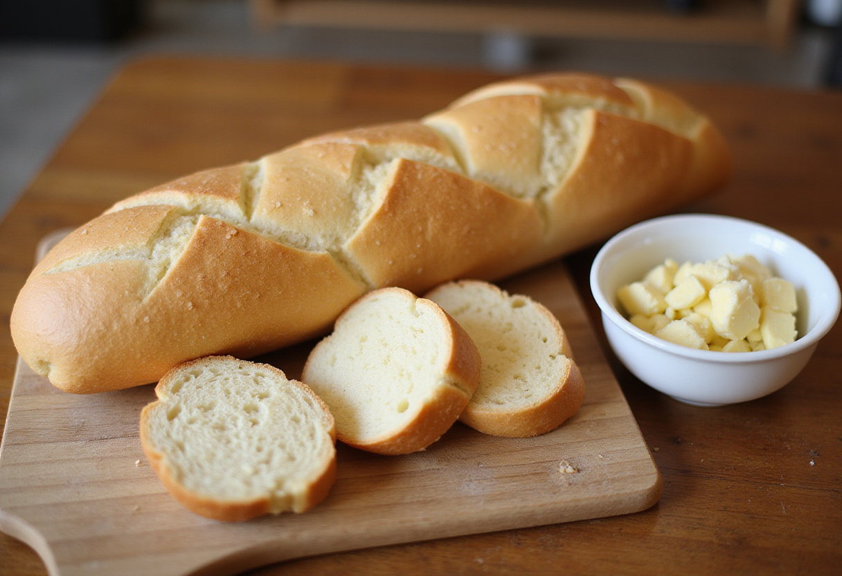 Sliced baguette bread and ingredients for making Quick Cunetto's Garlic Cheese Bread.