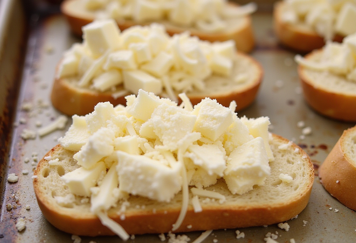Adding cheese to garlic buttered baguette slices for Quick Cunetto's Garlic Cheese Bread.