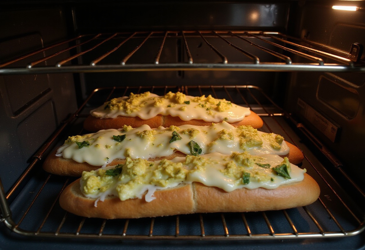 Baguette slices broiling in the oven to make Quick Cunetto's Garlic Cheese Bread.