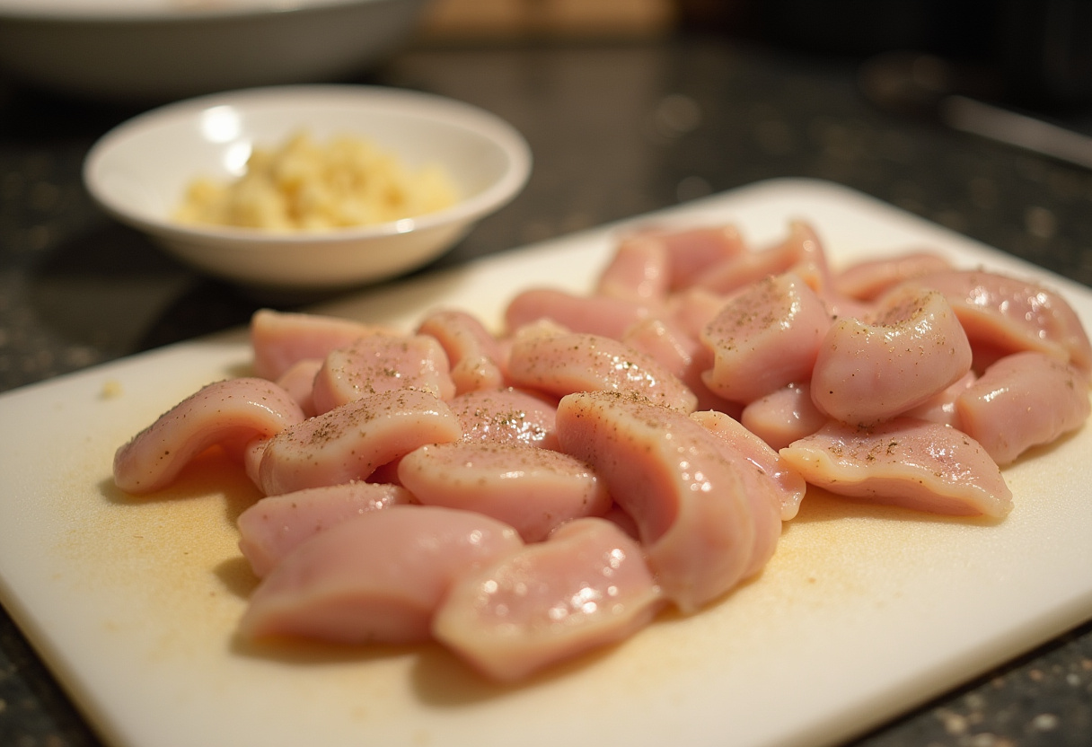 Bite-sized chicken pieces seasoned with salt and pepper for Quick Garlic Butter Chicken Bites.