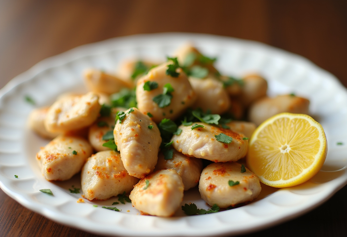 Quick Garlic Butter Chicken Bites garnished with parsley and lemon.