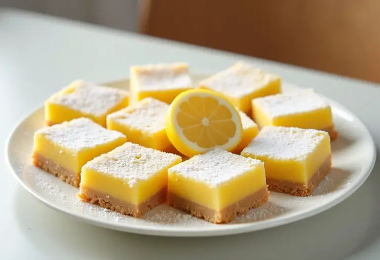 Finished Quick Lemon Bars dusted with powdered sugar ready to serve.