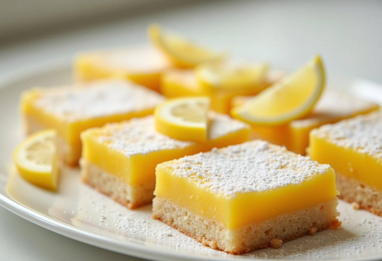Finished Quick Lemon Bars dusted with powdered sugar ready to serve.
