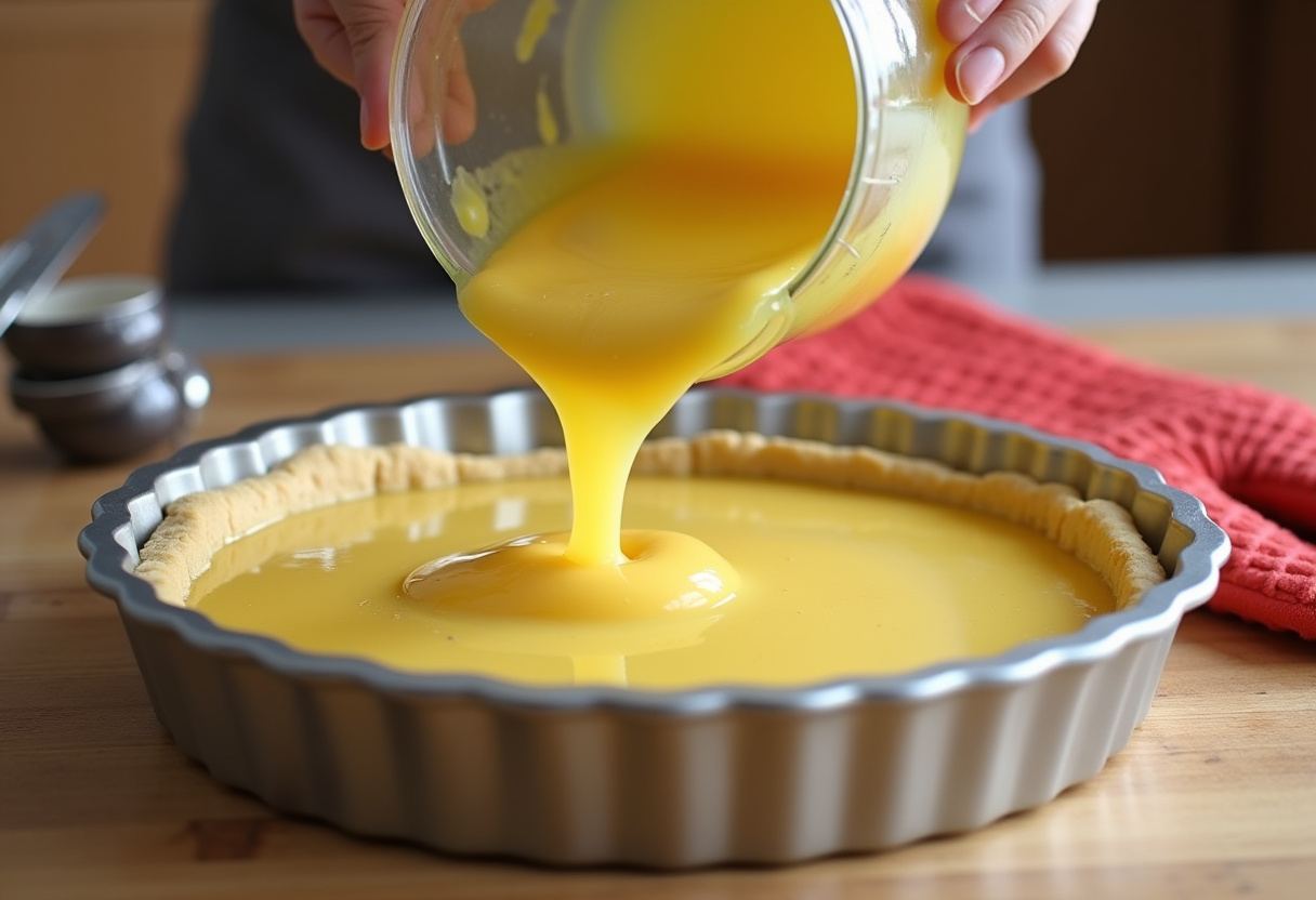 Pouring lemon filling over the crust for Quick Lemon Bars.