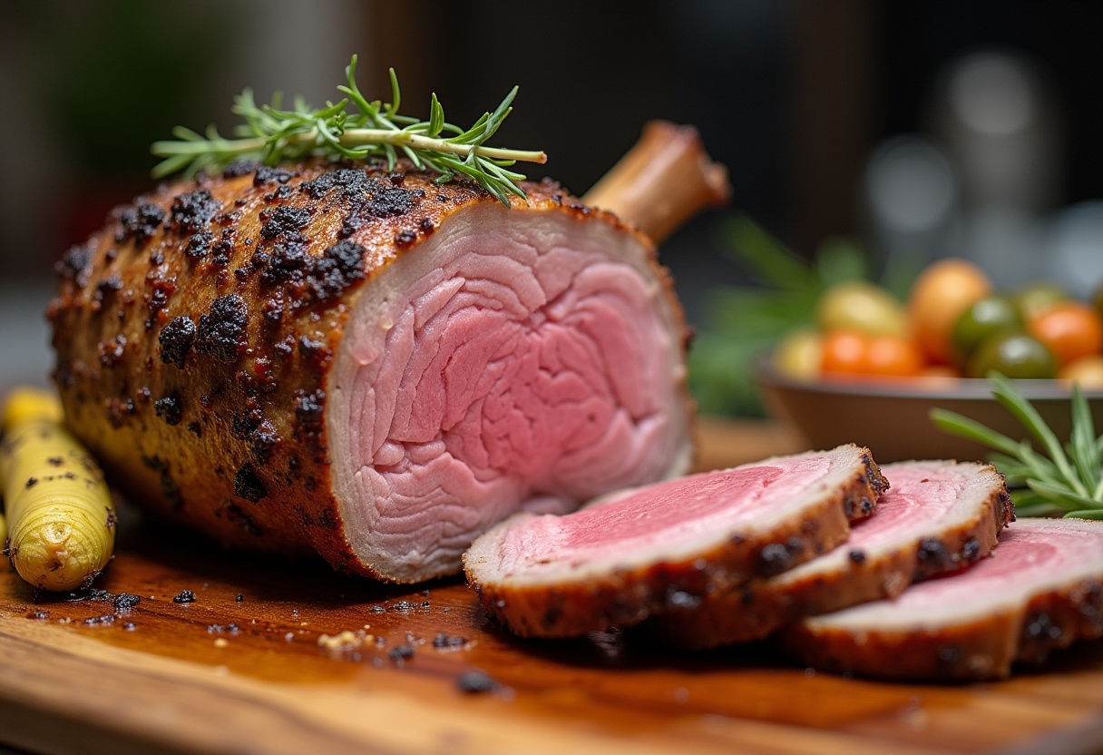 Perfectly roasted leg of lamb with juicy pink meat and roasted vegetables, ready to serve.