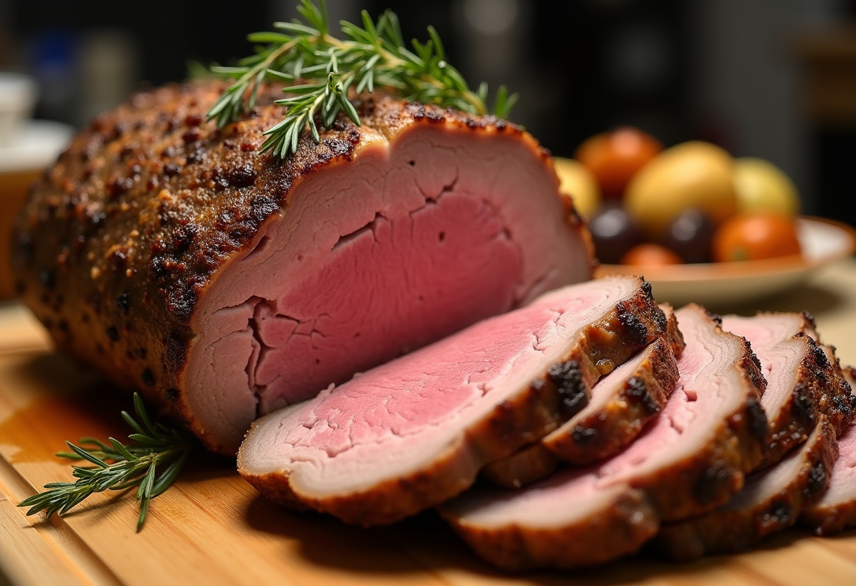 Perfectly roasted leg of lamb with juicy pink meat and roasted vegetables, ready to serve.