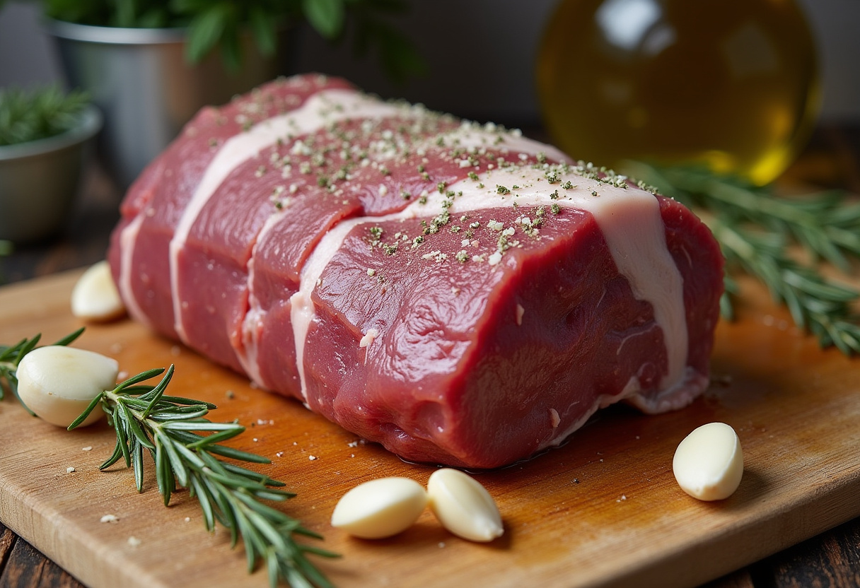 Fresh leg of lamb seasoned with salt, pepper, rosemary, and garlic for roasting.