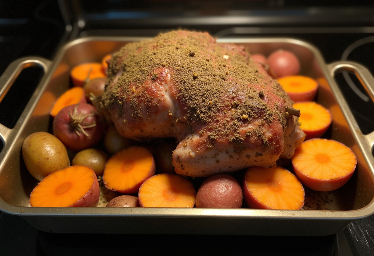Seasoned leg of lamb in a roasting pan with potatoes and carrots for roasting.