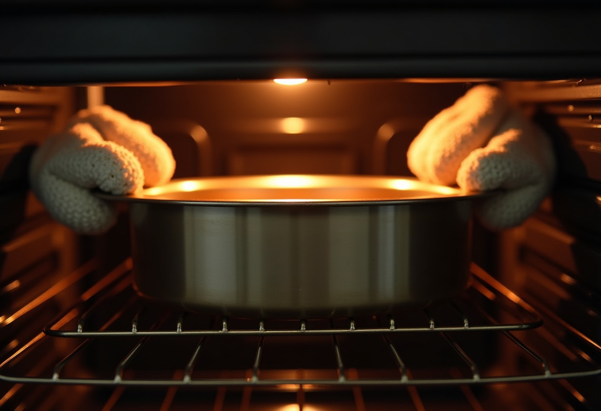 Roasting pan with leg of lamb and vegetables being placed in the oven.