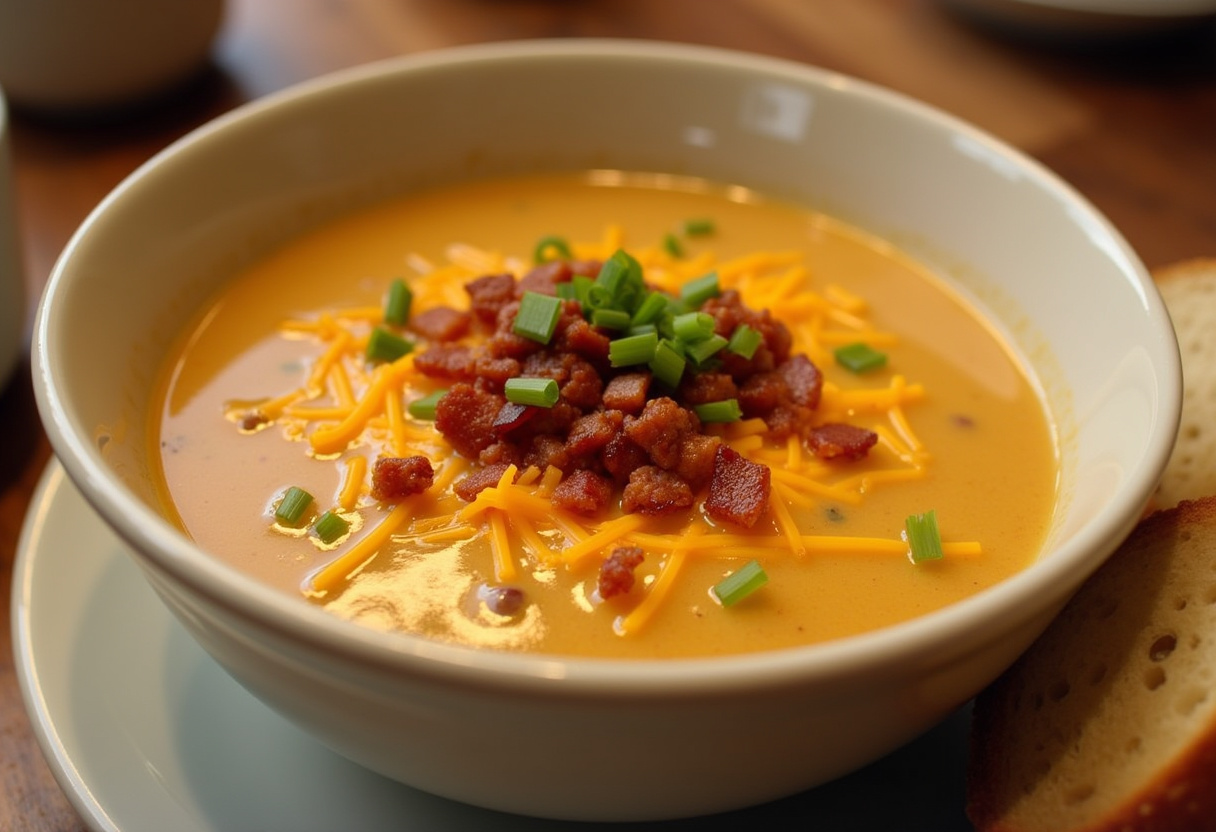 Delicious Cheeseburger Soup with bacon and cheese toppings, ready to eat.