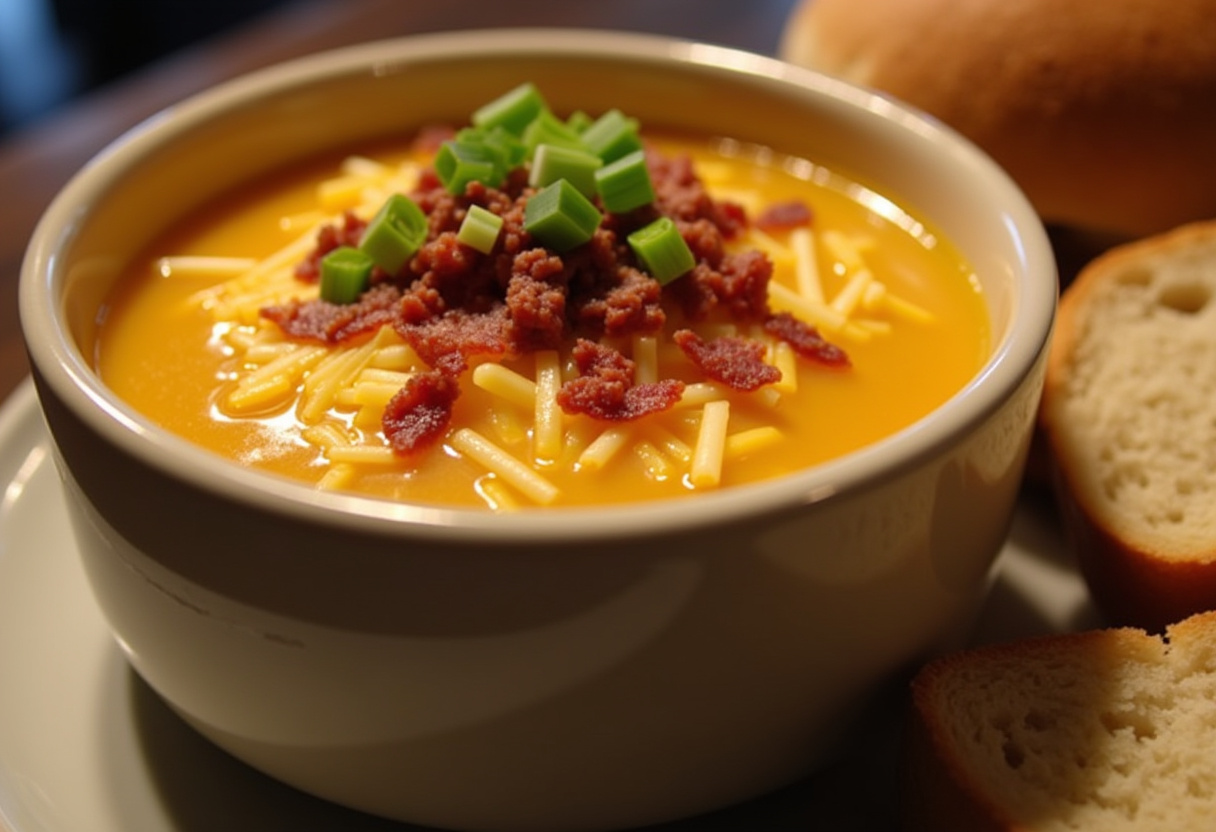 Delicious Cheeseburger Soup with bacon and cheese toppings, ready to eat.