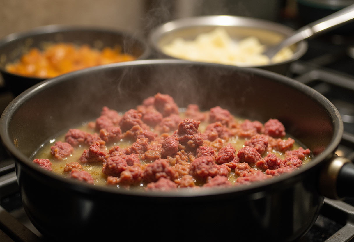Ground beef and onions cooking in a pot for Cheeseburger Soup.
